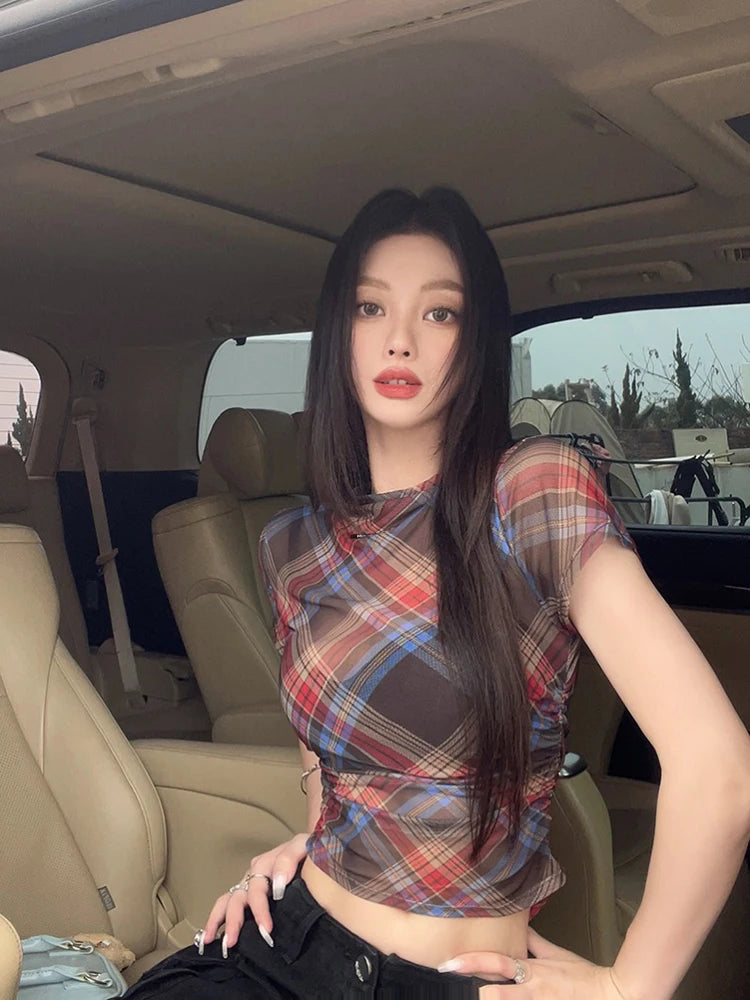 Genayooa Y2k Vintage Mesh Tops Short Sleeve See Through Plaid T Shirt Women Streetwear 2000s Japanese Fariycore Tee Tops Summer