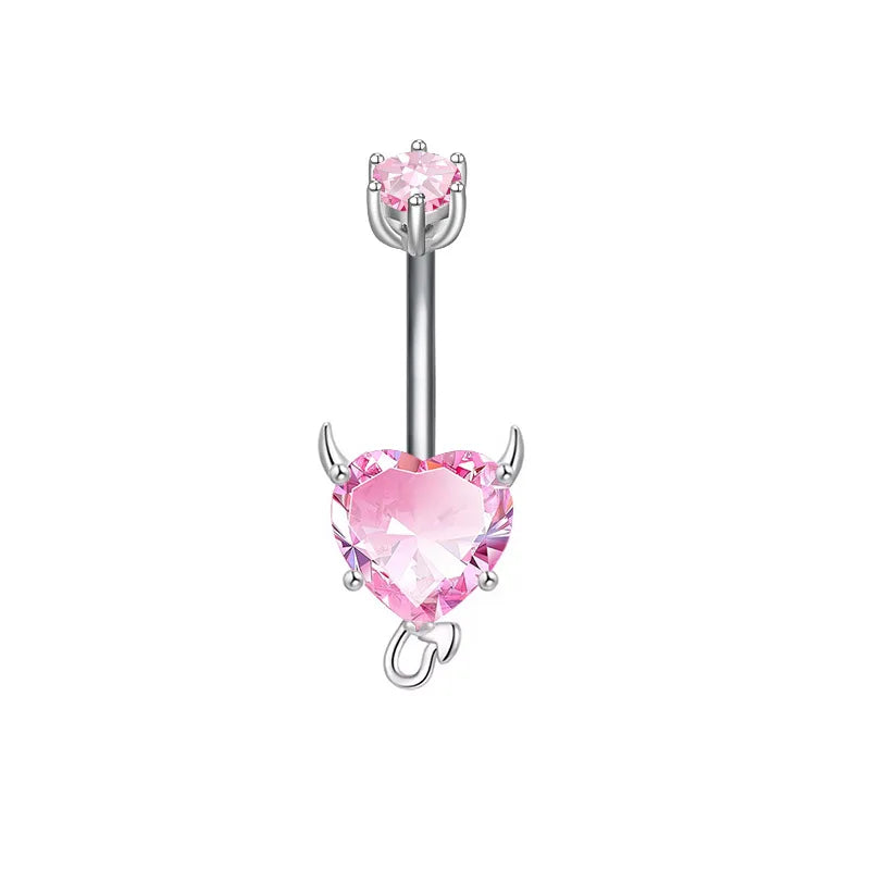 G23Titan Sexy Evil Heart Belly Button Ring Pink CZ Zircon 14G Titanium Navel Piercing Bar Women's Body Party Jewelry Accessories