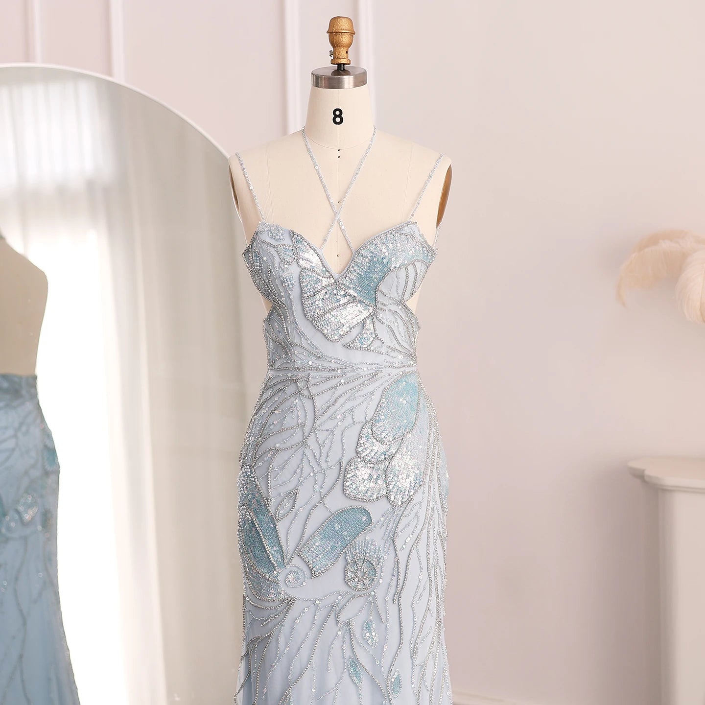 Sharon Said Luxury Mermaid Pink Evening Dresses with Feathers Scarf Straps Dubai Women Blue Wedding Prom Gowns SS478 Customized