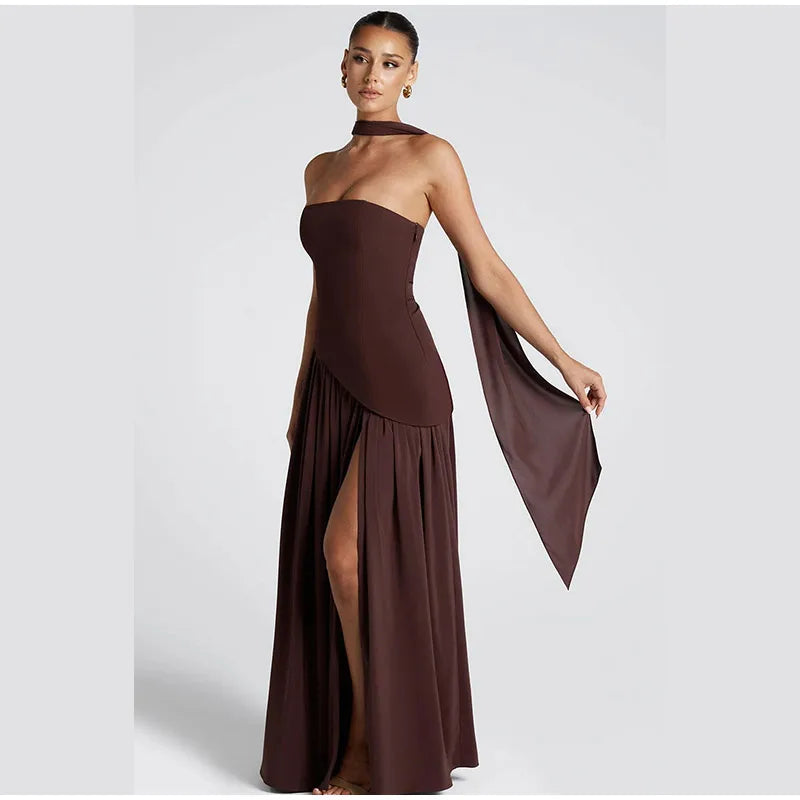 Butter Yellow Scarf Neck Split Long Dress Women Elegant Strapless Slim Fit High Waist Vestidos 2025 Lady Evening Party Gowns New