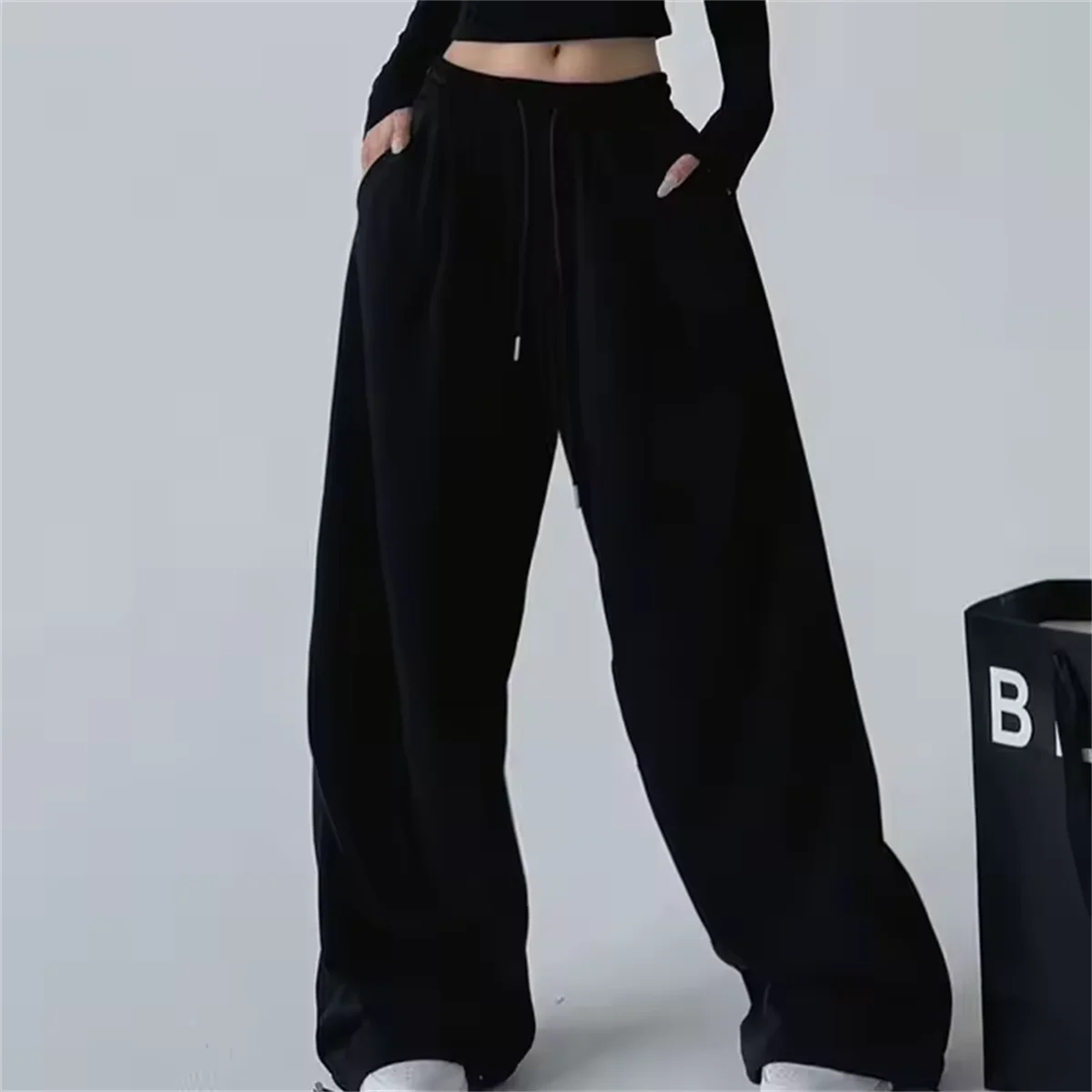 Fashion Vintage Y2K Baggy Pant Women Summer Wide Leg Elastic Waist Loose Pants Lady Solid Color Hip Hop Trousers Casual Clothing