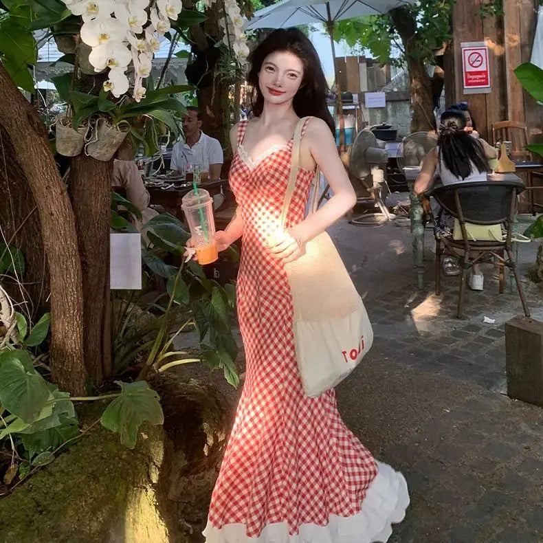 Women Summer Red Plaid Maxi Dress Spaghetti Strap Lace Trim Ruffle Hem Slim Fit Long Dress Elegant Vacation Beach Outfit 2025