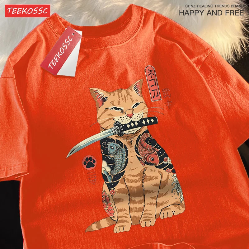 Japanese Harajuku Samurai Sword Cat T-Shirt Men Women Casual Tee Clothes Cotton Summer Tops Breathable Oversized T-Shirts Couple