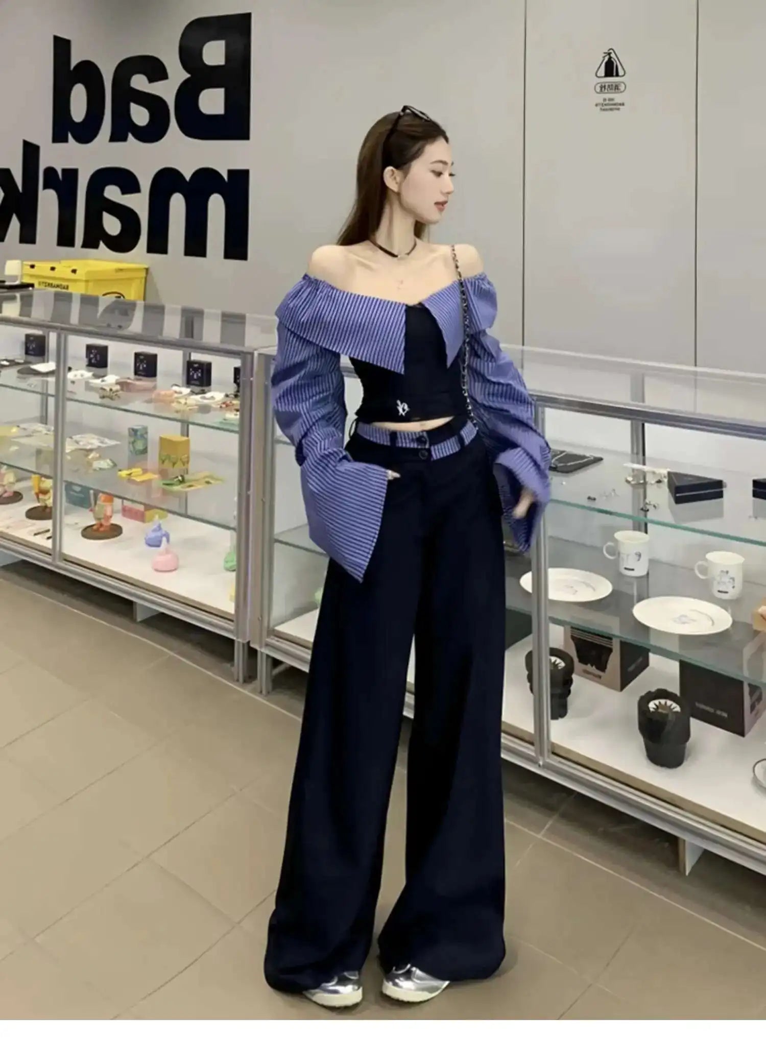 SHENGPALAE 2025 Spring New Contrast Color Slash Neck Pullover Women Straight Loose Ankle Length Pants Fashion Clothing 5ZD1278