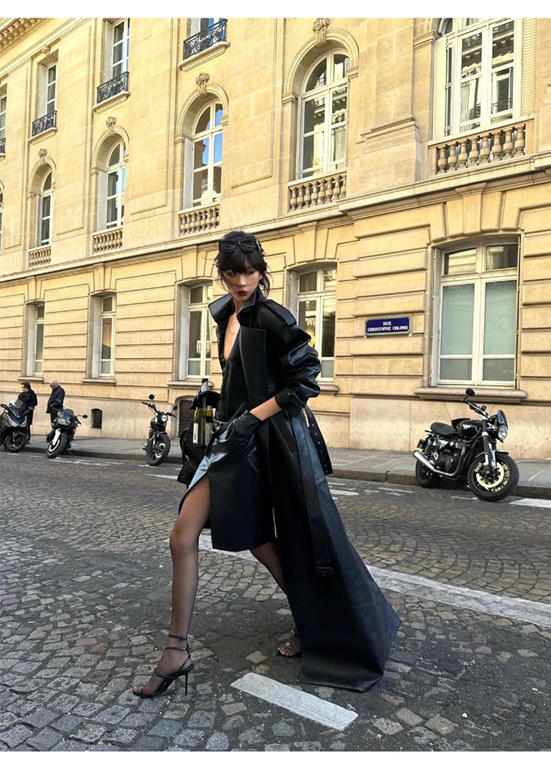 Lautaro Spring Autumn Extra Long Black Pu Leather Trench Coat for Women with Back High Slit Luxury Chic European Fashion 2024