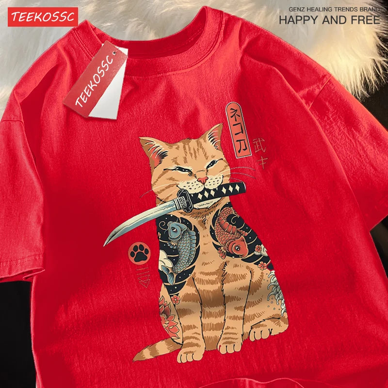 Japanese Harajuku Samurai Sword Cat T-Shirt Men Women Casual Tee Clothes Cotton Summer Tops Breathable Oversized T-Shirts Couple