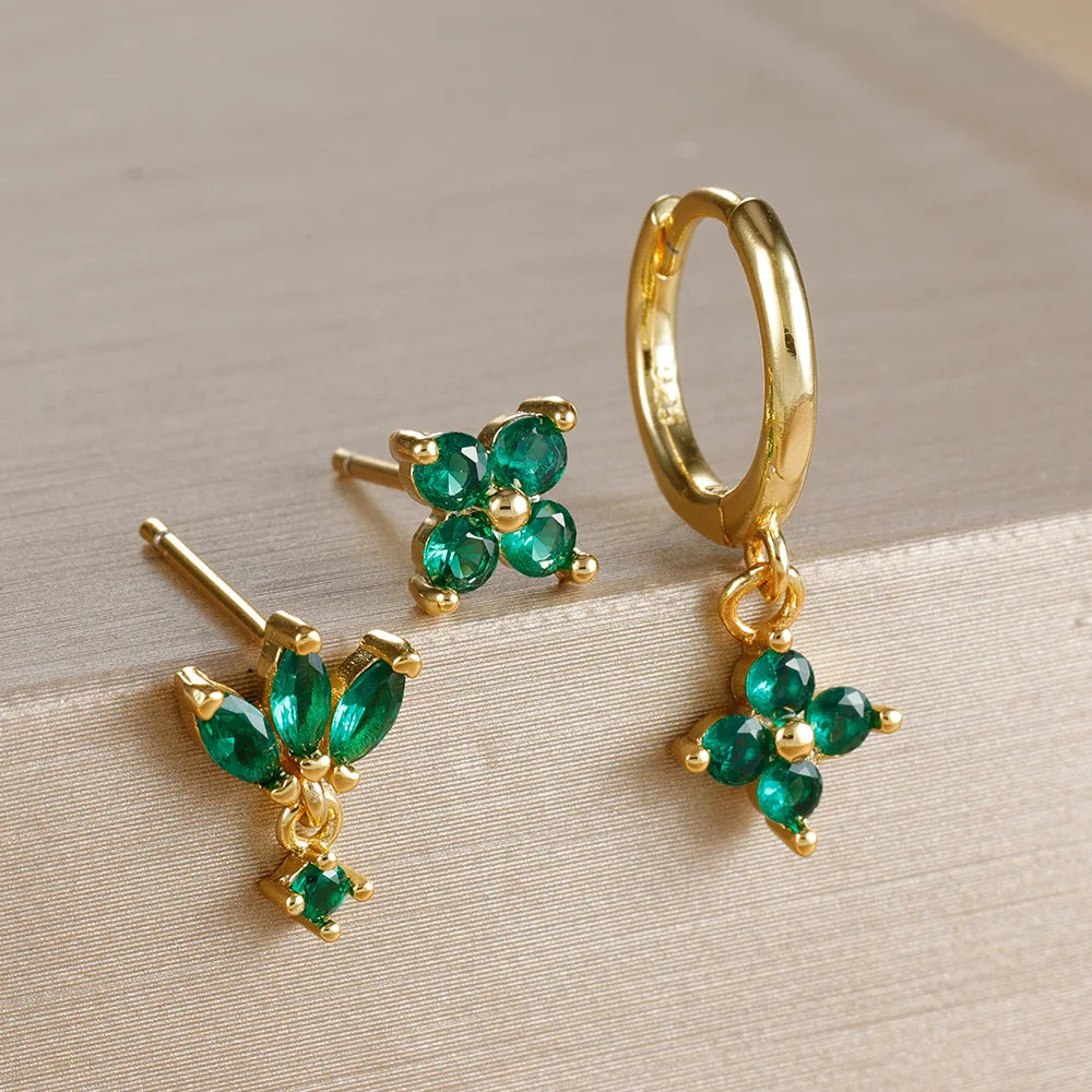 3PCS Fashion Orange Blue Zircon Hanging Earrings Set for Women Stainless Steel Flower Dangle Earring Piercing Jewelry