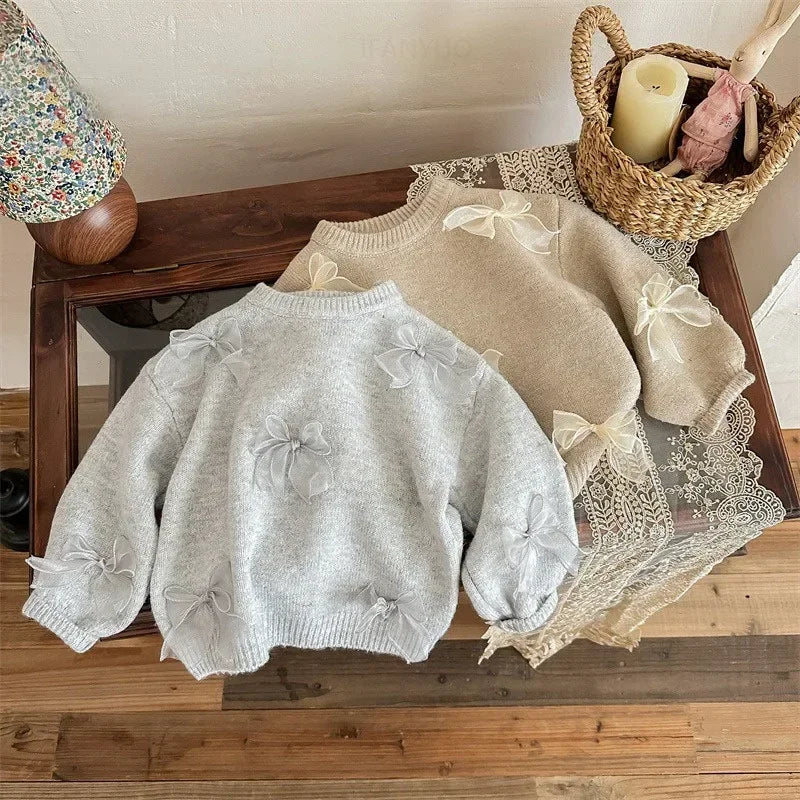 1-10Y Korean Children Clothing Autumn New Girl Baby Toddler Solid Bow Sweaters Winter Fashion Sweet Kid Princess Knitted Sweater