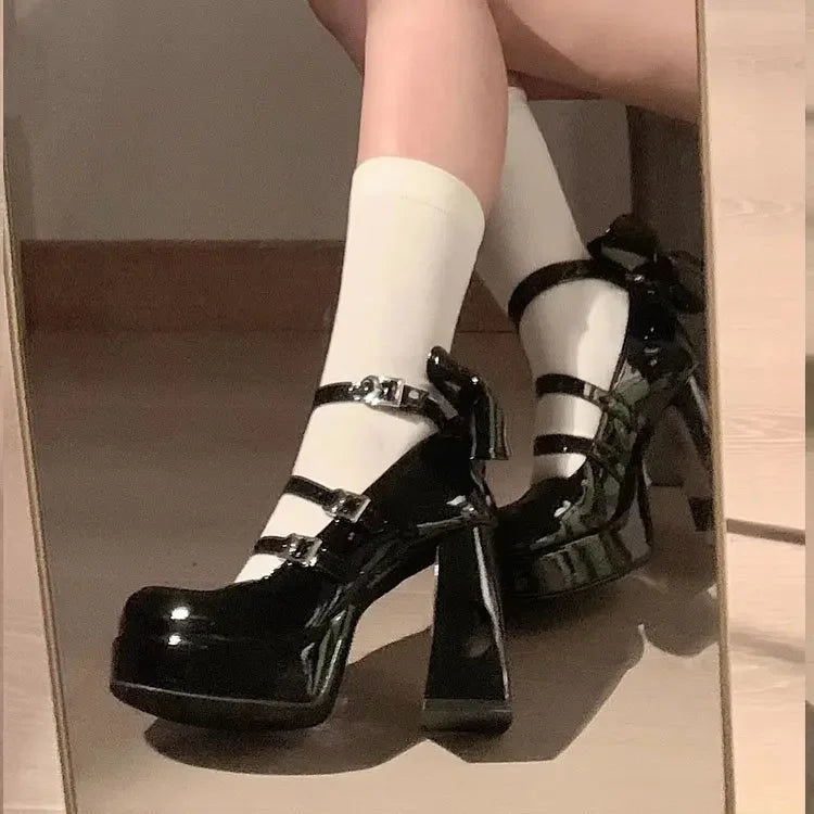 Mary's Spring New Women's Fashionable Thick Heel Bow Hollow Out Line Toe Flats Summer Season Flat Heel Women's Shoes