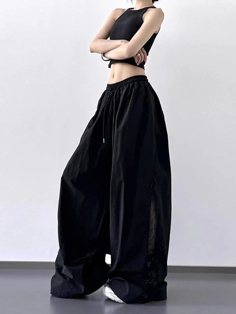 Jmprs Lace Patchwork Wide Leg Pants Women Oversize Streetwear High Waist Vintage Trousers Korean Casual Summer Sweet Retro Pants