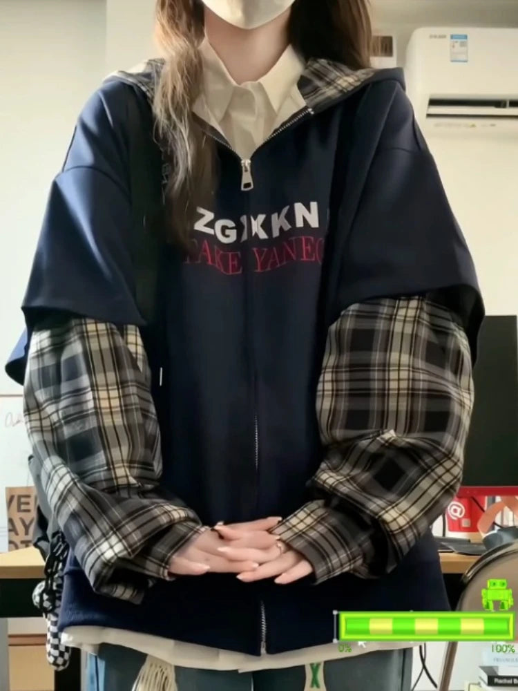 Patchwork Plaid Hoodies 2025 Women's Clothing Streetwear Fashion Sweatshirts Y2k Tops Thicked Hooded Casual Oversized Hoodie