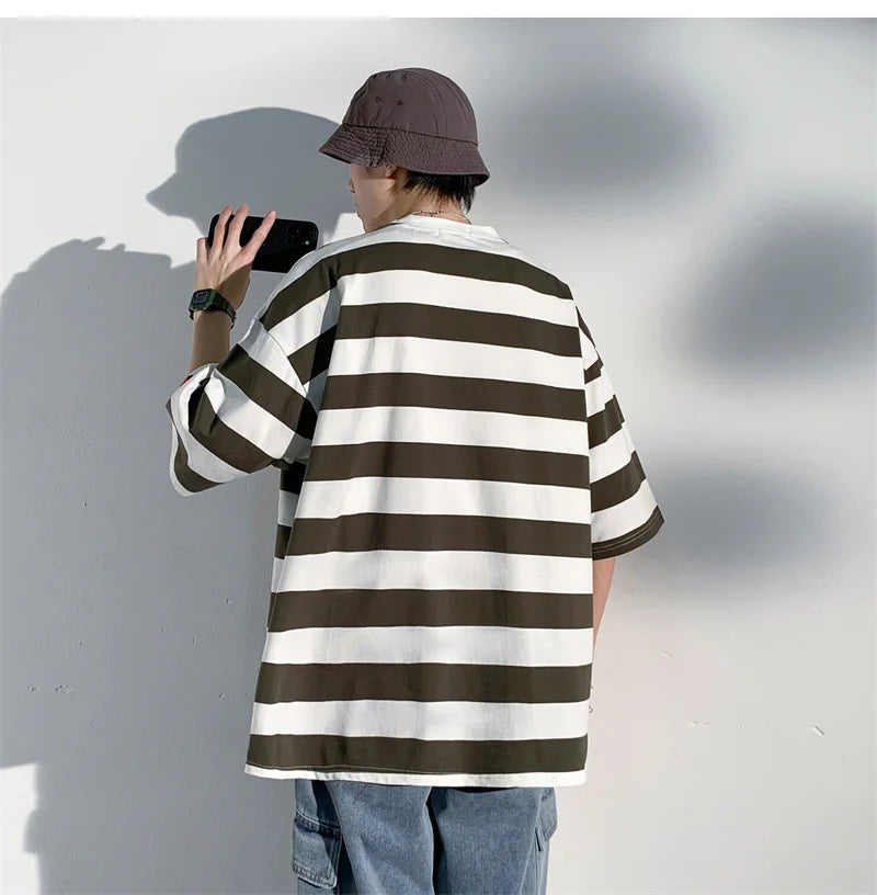 Men's Cotton T-shirt Striped Mens Oversized T Shirts Split Hem Fashion Tee Shirts Casual Wear Summer Tshirt 5XL Big Size for Man