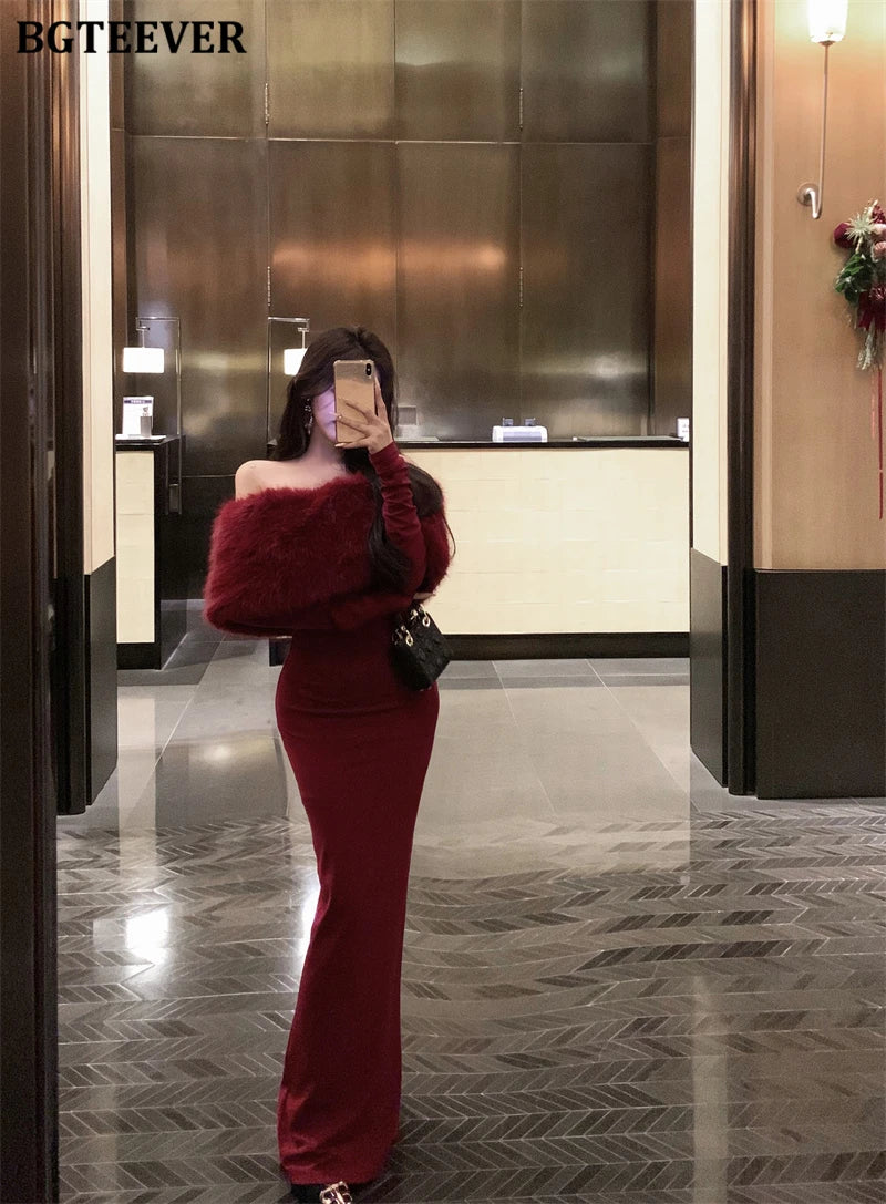 BGTEEVER Autumn Winter Fashion Slash Neck Ladies Skinny Package Hip Sweater Dress Elegant Long Sleeve Female Slim Knitted Dress