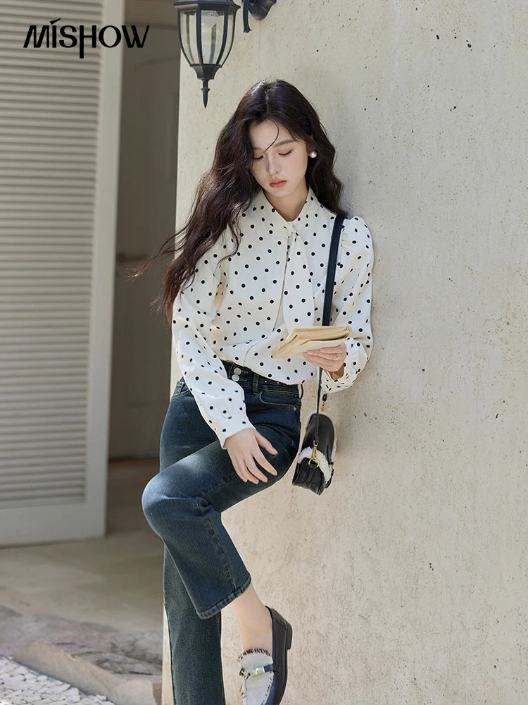 MISHOW Wave Point Long Sleeve Brushed Blouse Rabbit Ear Collar 2024 Winter Women Clothes Temperament Thickened Shirts MXD56X1697