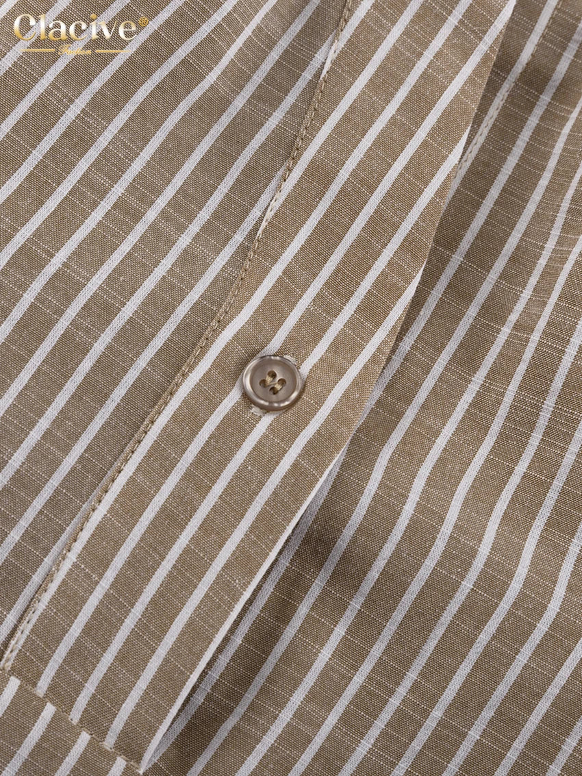 Clacive Vintage Loose Brown Stripe Women Shirts 2025 Fashion Stand Collar Long Sleeve Shirt Elegant Classic Top Female Clothing