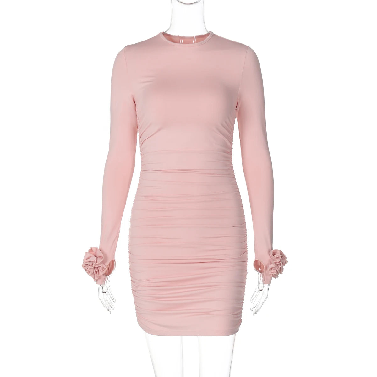 Hugcitar 2025 Elegant Solid Long Sleeve Tie Flowers Sexy Bodycon Pleated Mini Dress Spring Women Outfits Birthday Party Festival