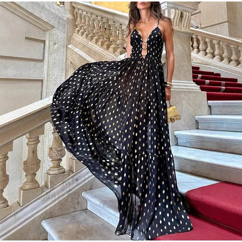 Retro Polk Dot Long Dress With Ribbon Women Sexy Low Cut Sleeveless Pleated Slim Evening Dresses Female Spring Chic Street Party