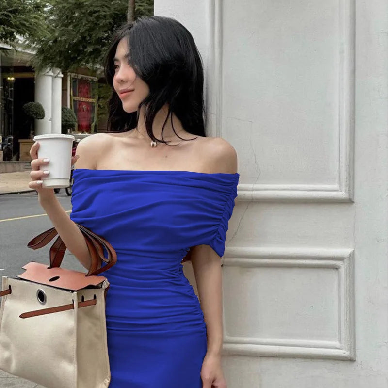 Spring European and American One Shoulder Pleated Dress Slim Fit and Slim Slim Slim Split Bottom Dress Long Dres