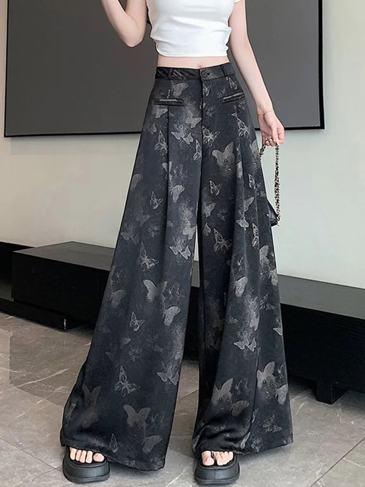 Zoki Bufferfly Print Satin Wide Leg Pant Women Loose Elegant Fashion High Waist Korean Trousers Casual Sweet High Quality Pants