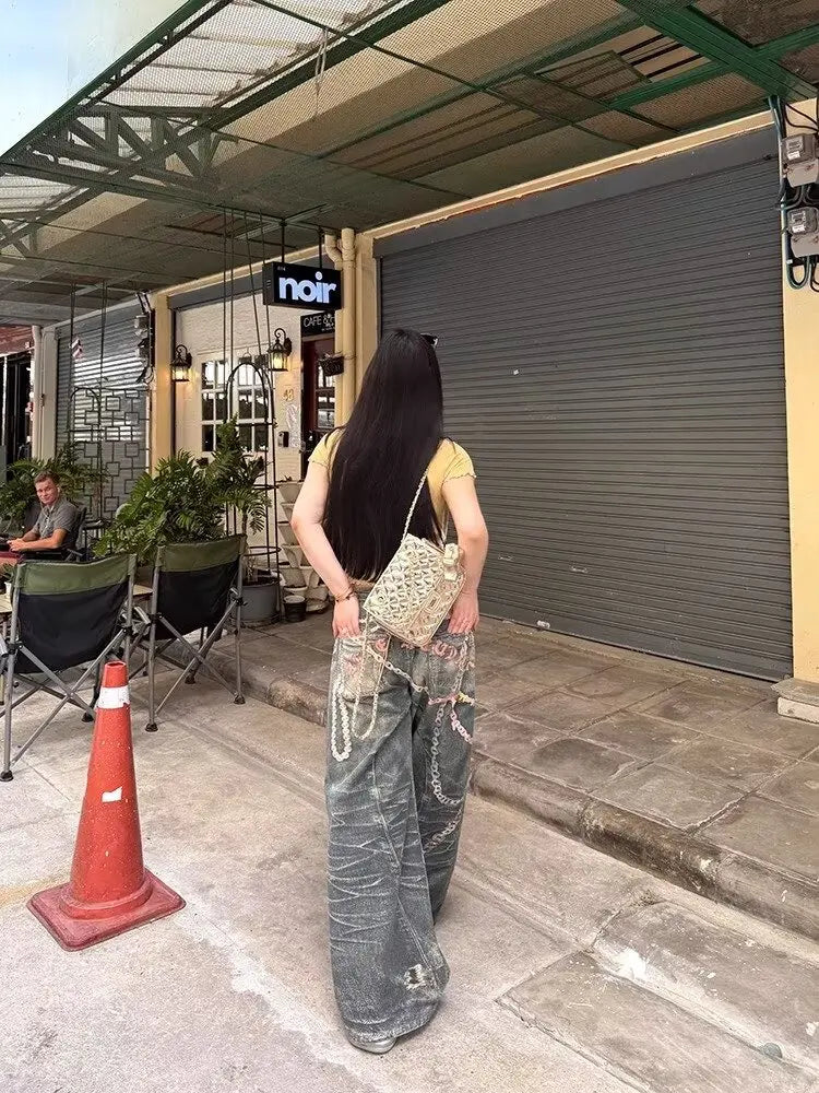 American candy chain pants hot girl digital printed jeans summer new fashionable straight floor trousers Korean style