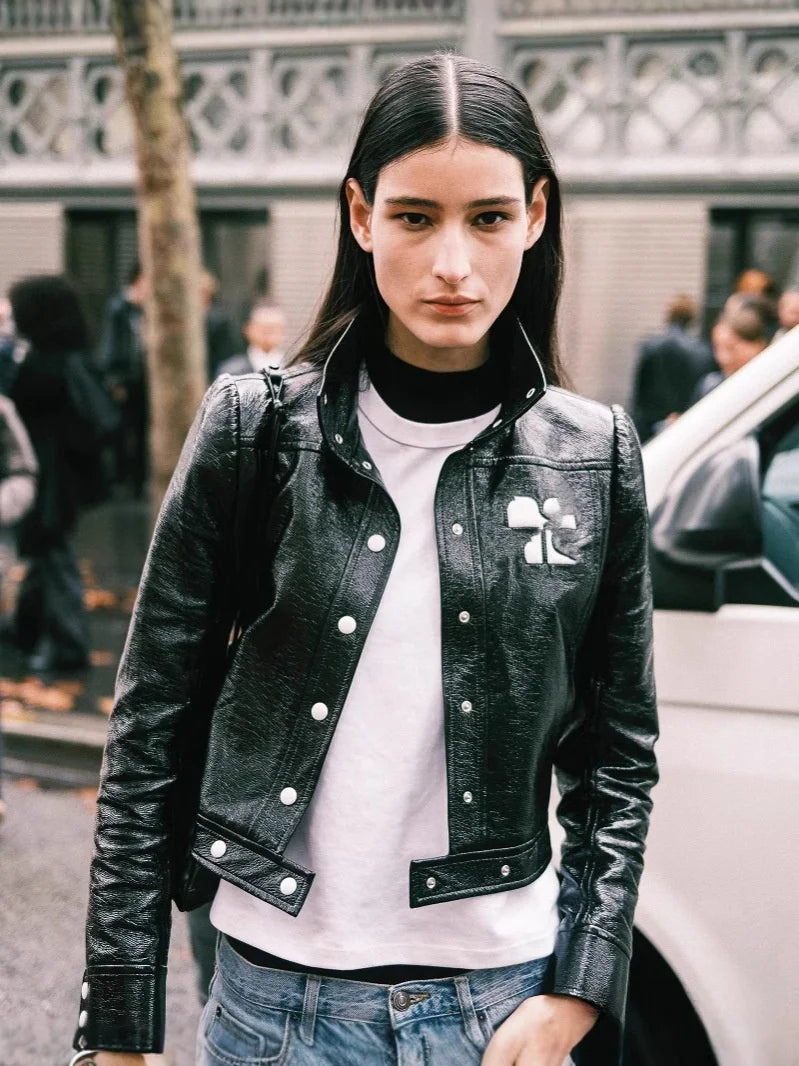 ort PU Jaet High Collar Bright Surface Color Blo Classic Bestseller Street Sle Long Sve Women's Leather Coat