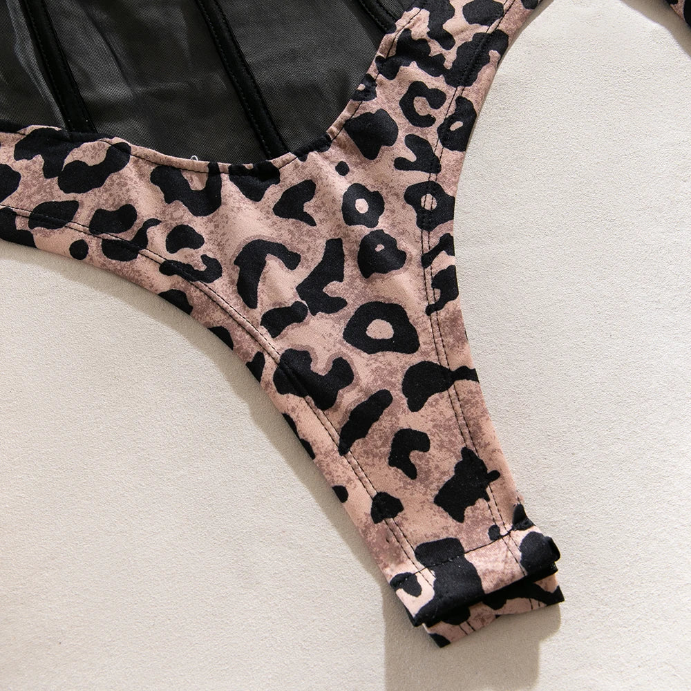 Yimunancy Leopard Print Women Mesh Bodycorn Bodysuit Long Sleeve Sexy Bodysuit Stand Colloar Body Femme