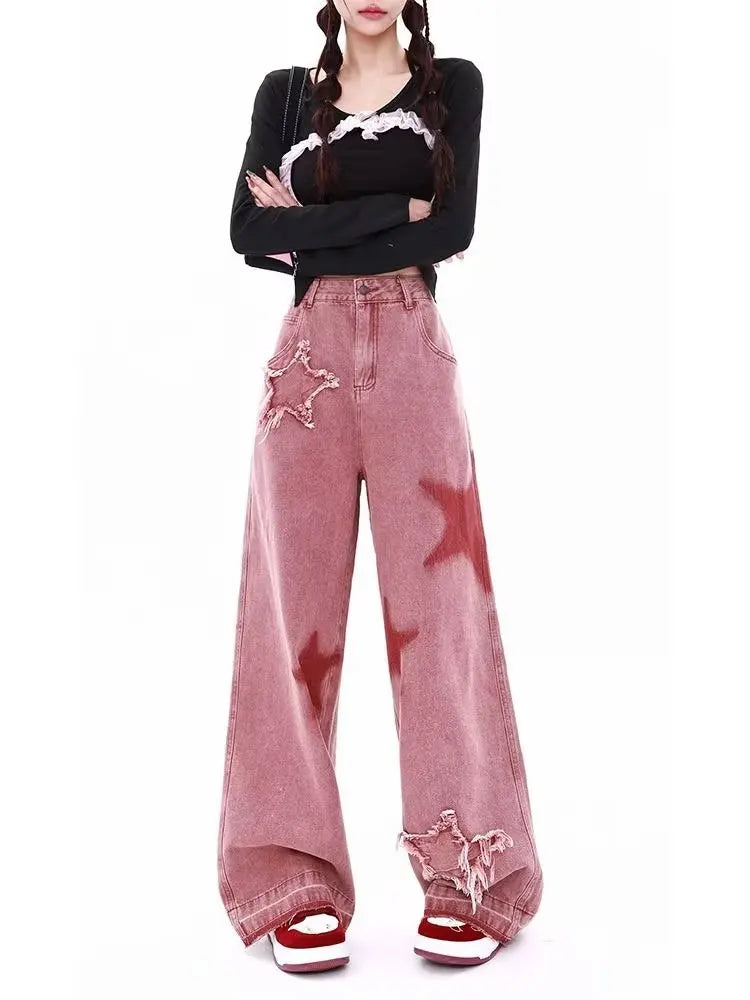 American Retro Jeans Five-point Star Raw Edge Splicing Loose Wide-leg Jeans Women Look Thin Trendy All-match Mopping Pants Women