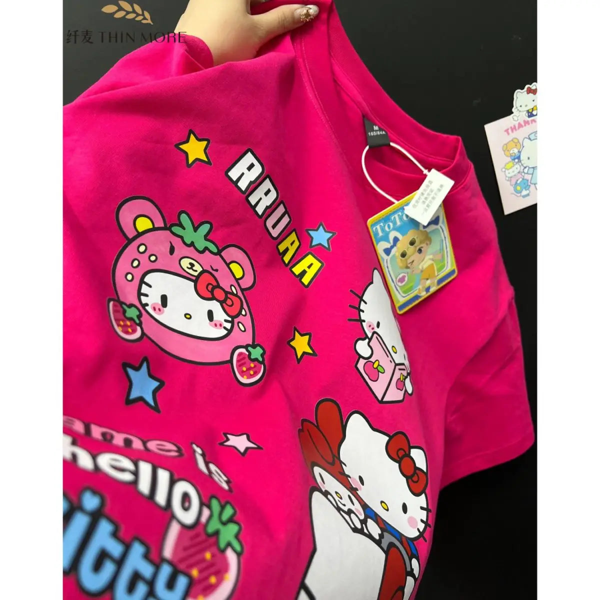 Sanrio Hello Kitty New Clothes Rose Red Fashion Short Sleeve T-shirts Y2k Summer Cotton Loose Tees Women Korean Style Sweet Tops