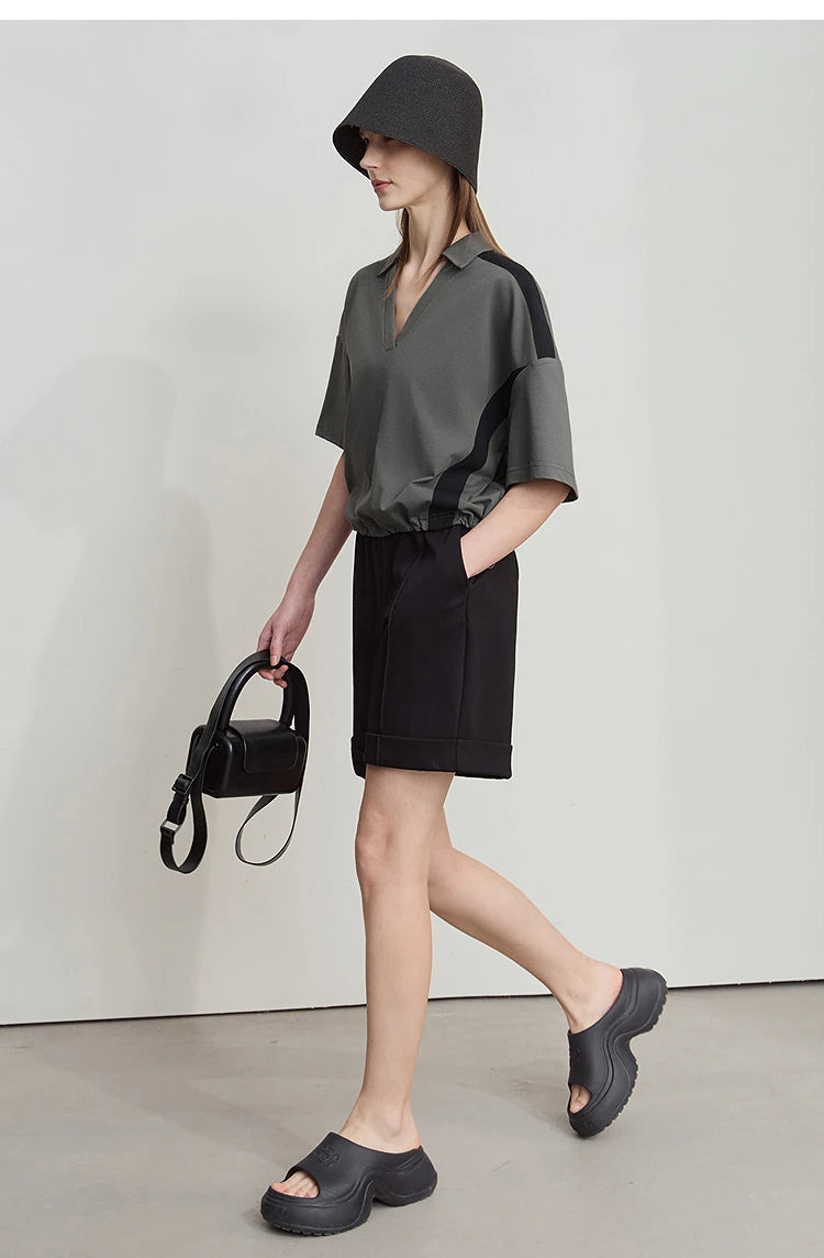 Amii Minimalist Cotton T-Shirts For Women 2025 Summer New V-Neck Pullover Loose Short Shoulder Sleeve Chic Commute Tops 12552001