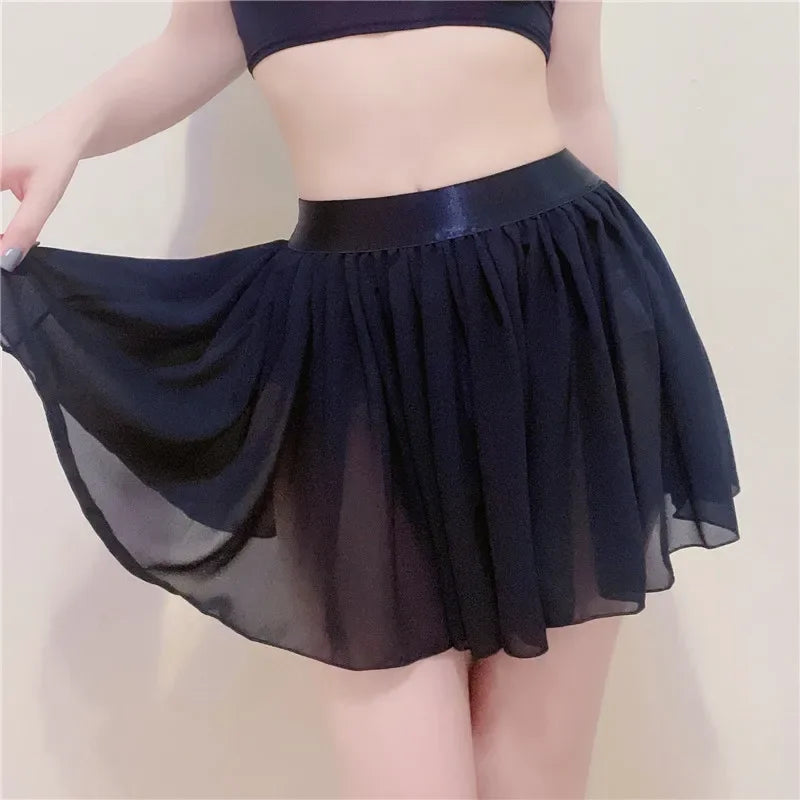 FREEAUCE Elastic See Through A-Line Pleated Mini Skirts Solid Black Sexy Long High Waisted White Lace Short Skirt for Women