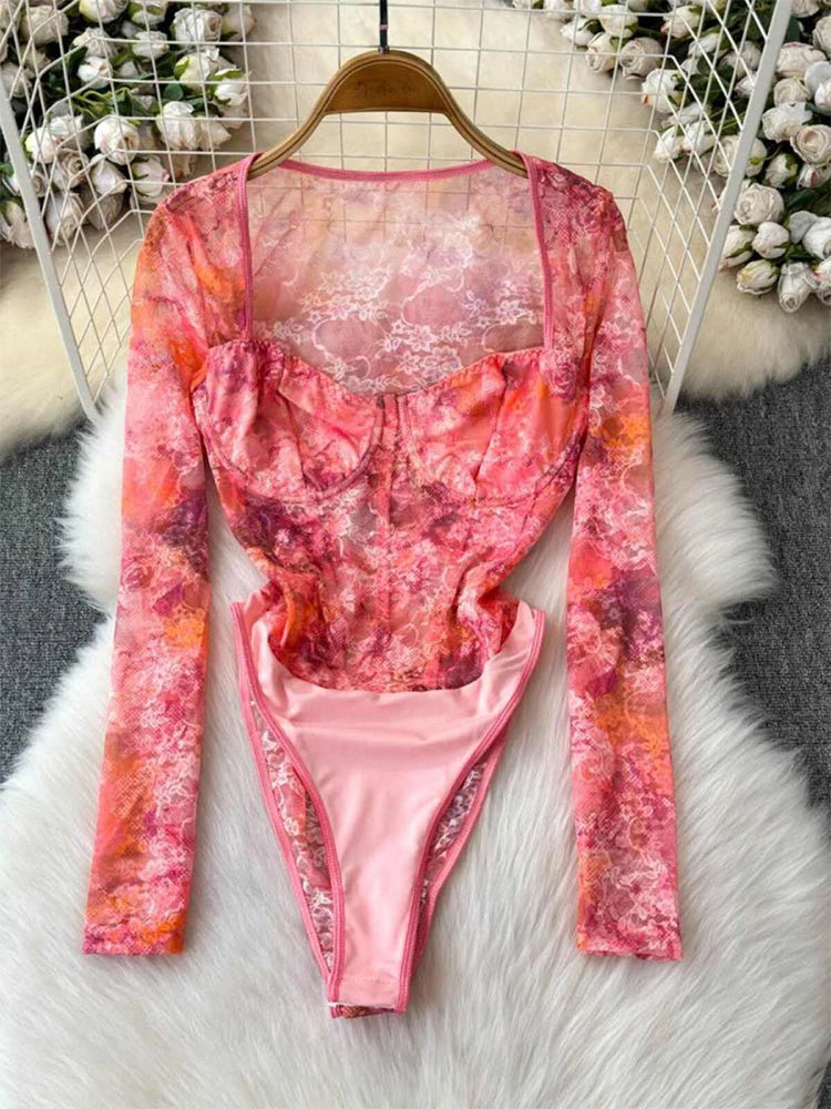 Women's Green Lace Jumpsuits Vintage Skinny Playsuits Harajuku Long Sleeve Square Collar Exotic Sexy Rompers Coquette Clothes