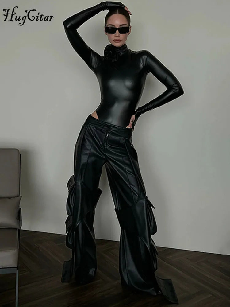 Hugcitar Fashion Pu Leather Black Turtleneck Tie Flower Long Sleeve Buttons Sexy Bodycon Bodysuit Women Party Overalls Romper