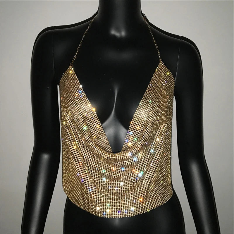 Festival Brilliant Rhinestone Backless Party Crop Top Women 2024 Summer Glitter Evening V Neck Diamonds Metal Tank Tops