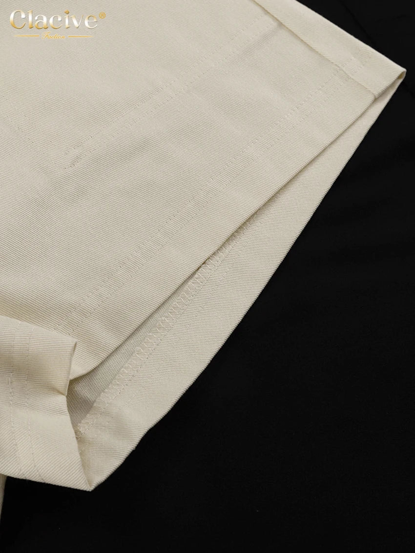 Clacive Fashion Loose Beige Cotton Women's Two Pieces Set Summer Short Sleeve Shirt With High Waist Shorts Set Female Clothing