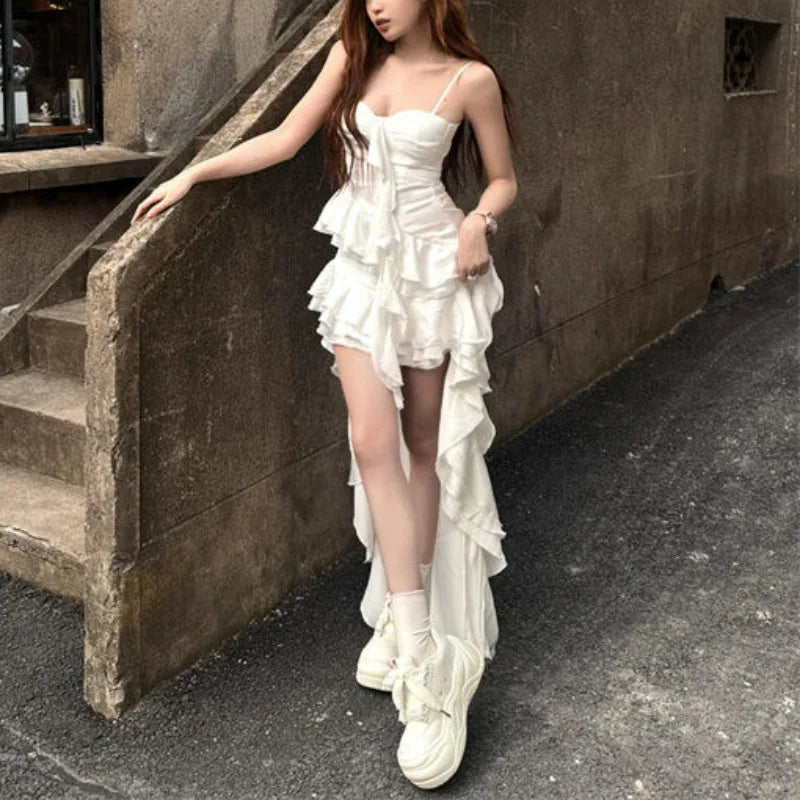 2025 Elegant Ruffle Hem High Low Dress Womens Sleeveless Spaghetti Strap White Gothic Vintage Fairycore Aesthetic Midi Dress