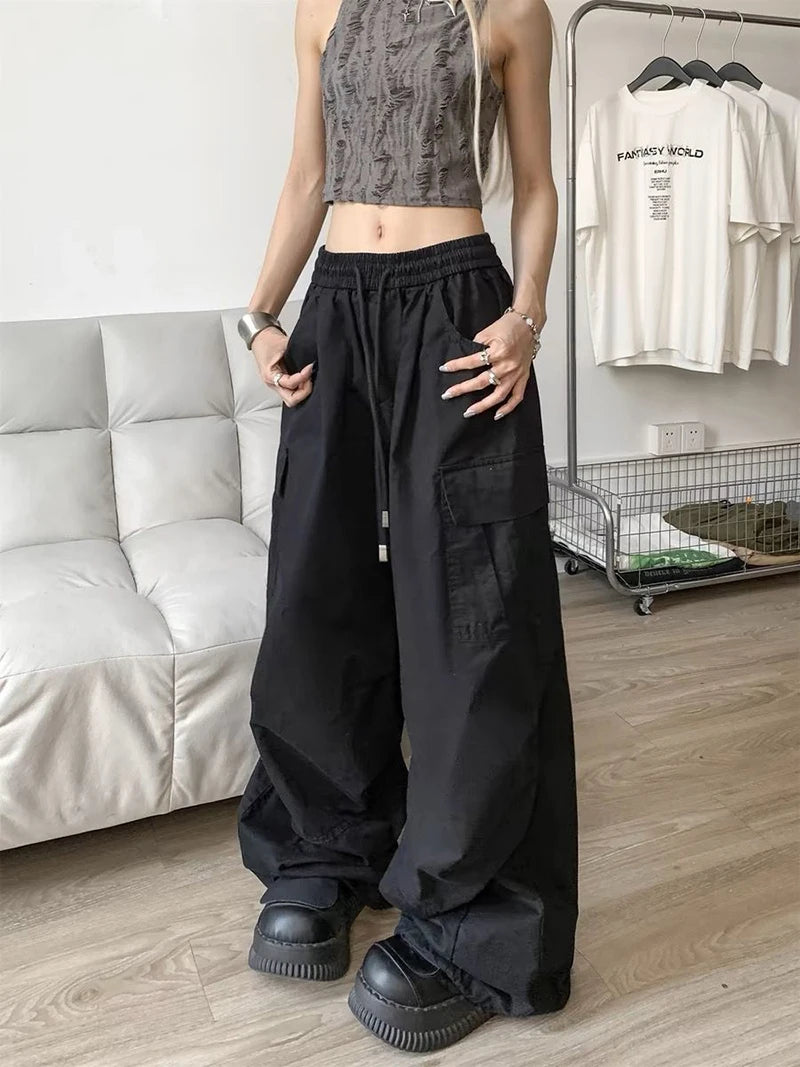 Zoki Loose Vintage Y2K Cargo Pants Women Streetwear American High Waist Trousers Casual Big Pockets Bf Retro Harajuku Pants New