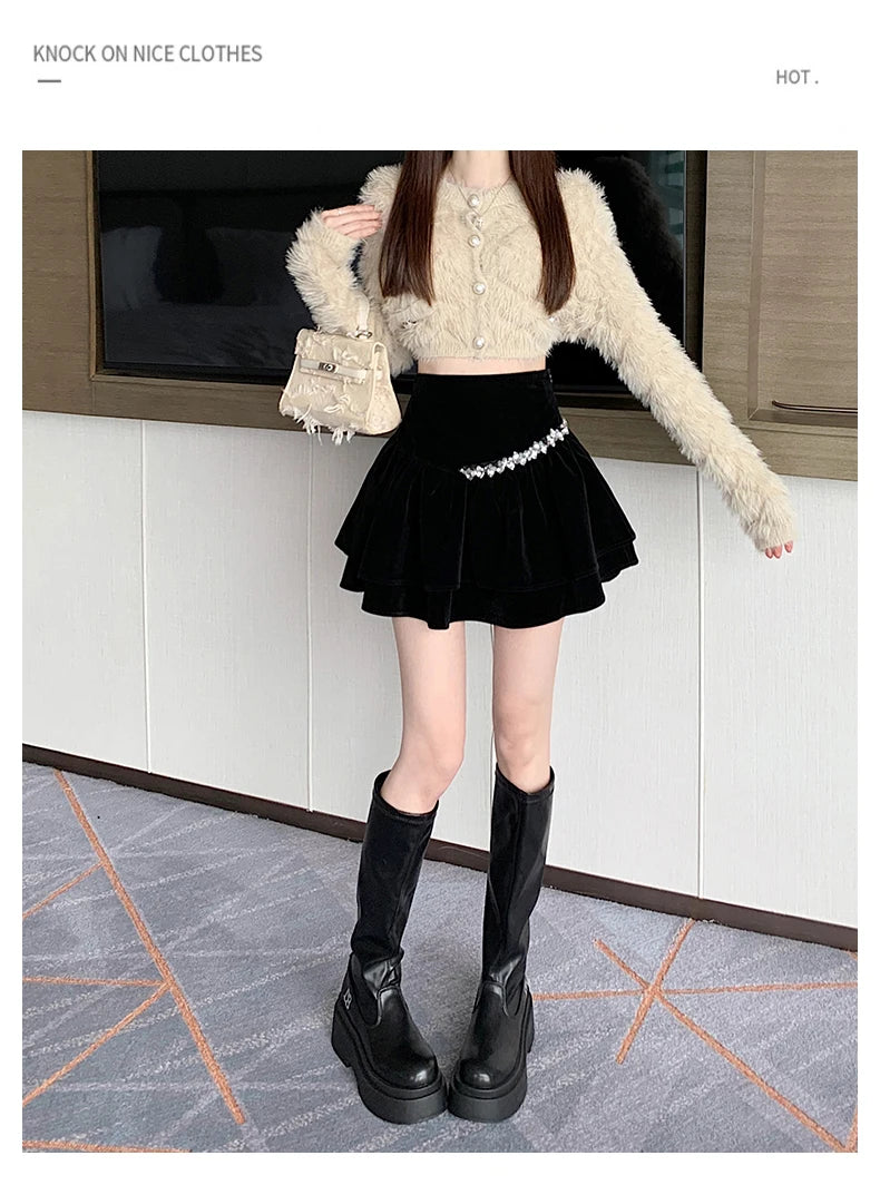 Bla Velvet Cake f Skirt Women's Autumn Winter High Waist A-Line Fluffy ort Skirt Small Size Pleated f Skirt