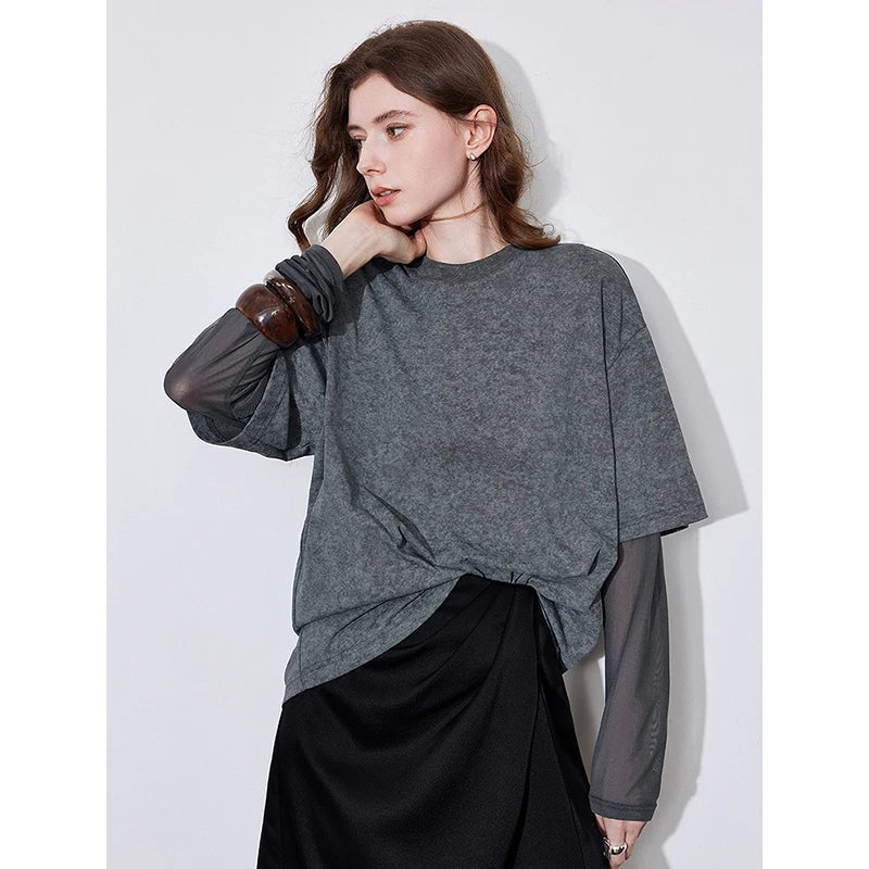 TOYOUTH Women T shirt 2025 Spring New Fake Two Piece Printed Round Neck Fashionable Pullover T shirt