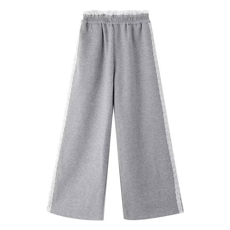 Trendy Casual Wide Leg Pants Women's Autumn Winter High Waist Splicing Lace Trim Drapey Slimming Sporty Trousers