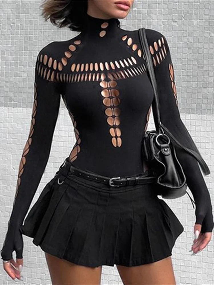 nibber Hollow Out Women Bodysuit Criss-Cross Full Sleeve Autumn Trend Skinny Sexy Solid Rave Party Club Streetwear Y2K Outfit