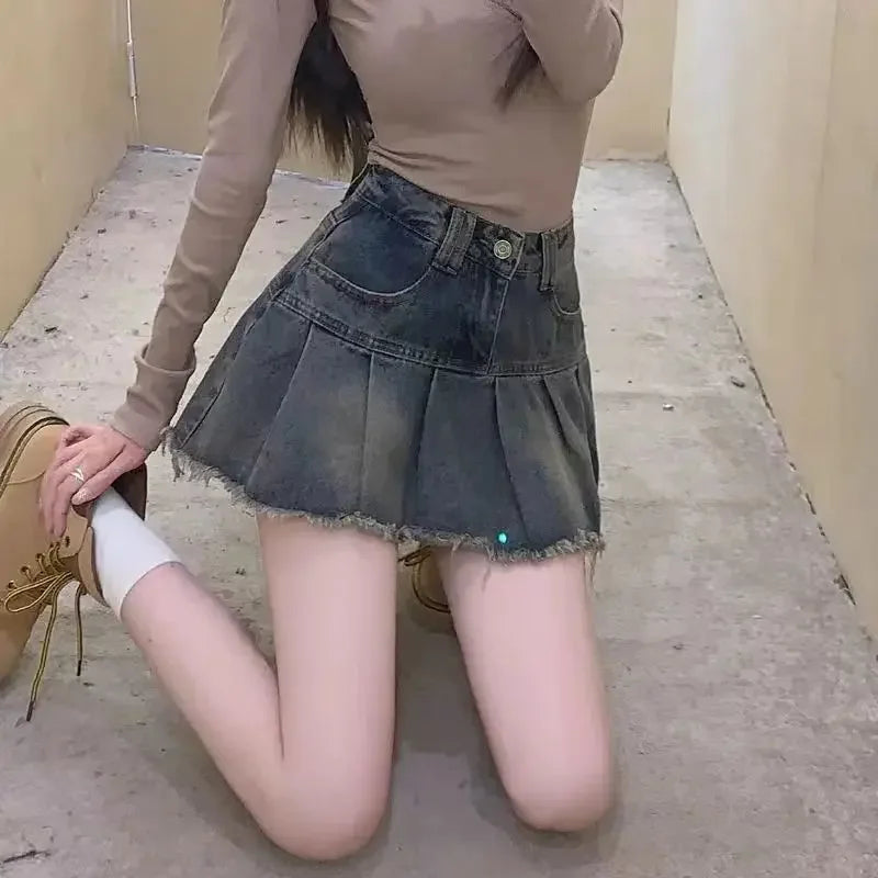 Vintage Fringe Design Slimming High-waisted Denim Skirt Women's Mini Dress Plenty Wrinkles For Summer