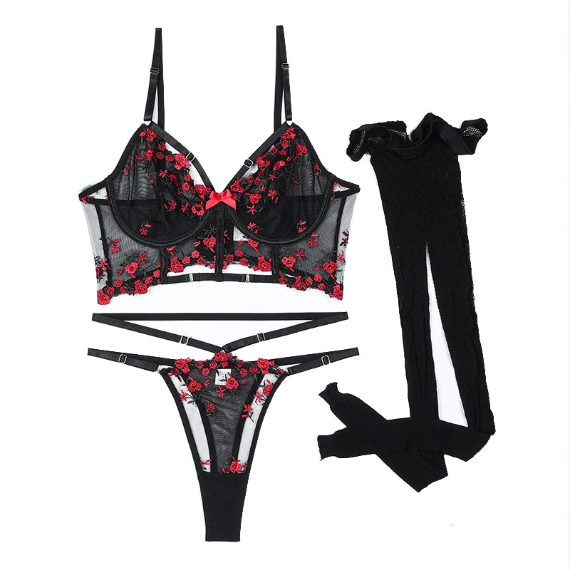 CHILLGIO Women Lingeries Sexy Hot Embroidery Bra Set Chic and Elegant Women's Ethical Underwear Bodycon Bras Panty Stockings Set