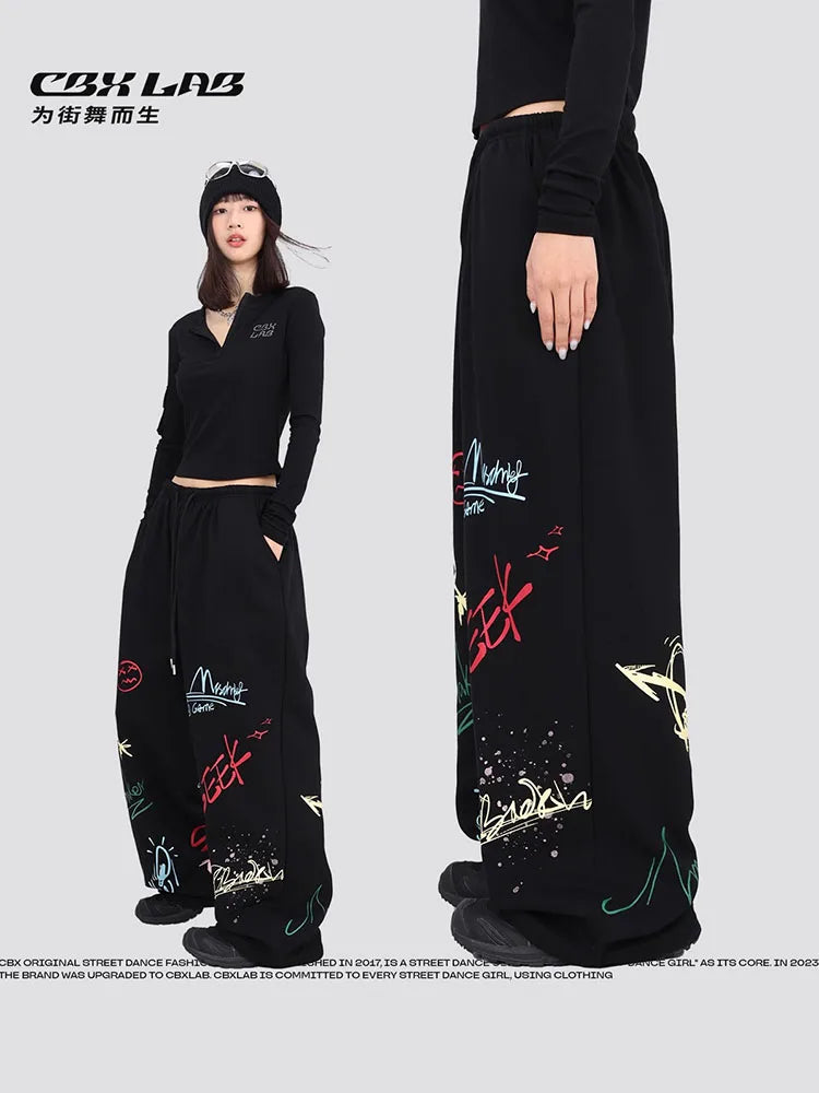 CBXLAB Street Dance Women' s Black color graffiti hip hop long pants autumn and winter street jazz soft and firm dancing sports