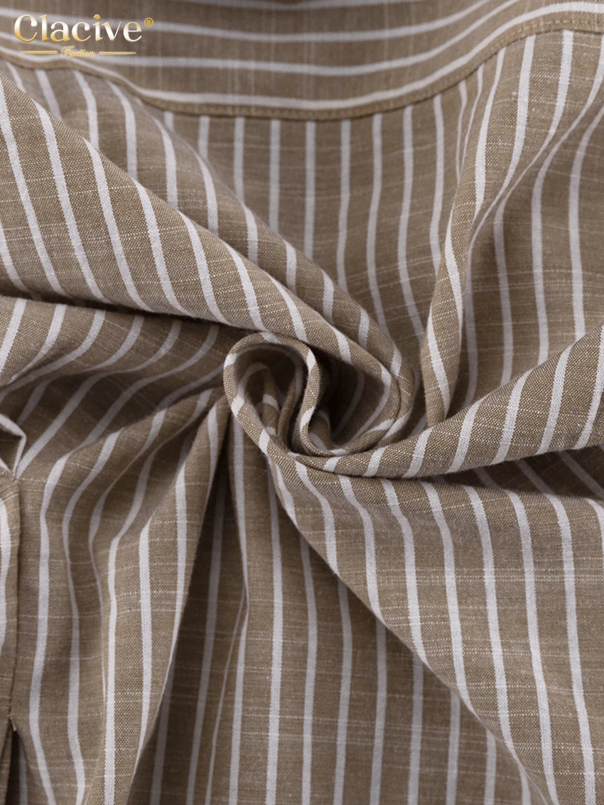 Clacive Vintage Loose Brown Stripe Women Shirts 2025 Fashion Stand Collar Long Sleeve Shirt Elegant Classic Top Female Clothing