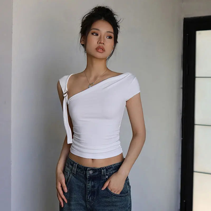 Summer T-shirts Women Sexy Folds Sweet Irregular Bandage Design Slim Chic Skew Collar Crop Tops Aesthetic Club American Clothes