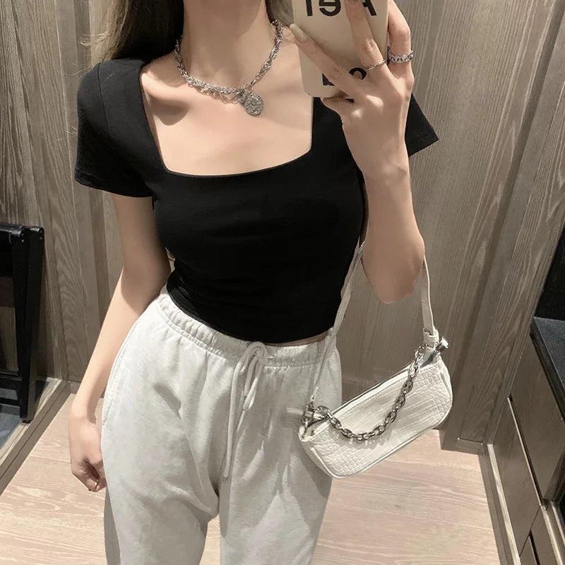 Women Slim Fit Square Neck Short Sleeve T-shirt High Waist Short Version Exposing Waist Outdoor Wear Base Shirt Top