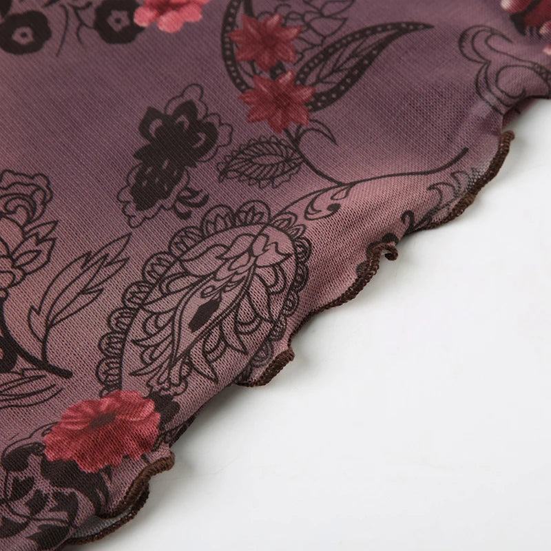 Rockmore Vintage Tulle Patchwork Floral Print Camis Women Mesh Lace Cross V Neck Crop Top Y2K Aesthetic Female Backless Corset