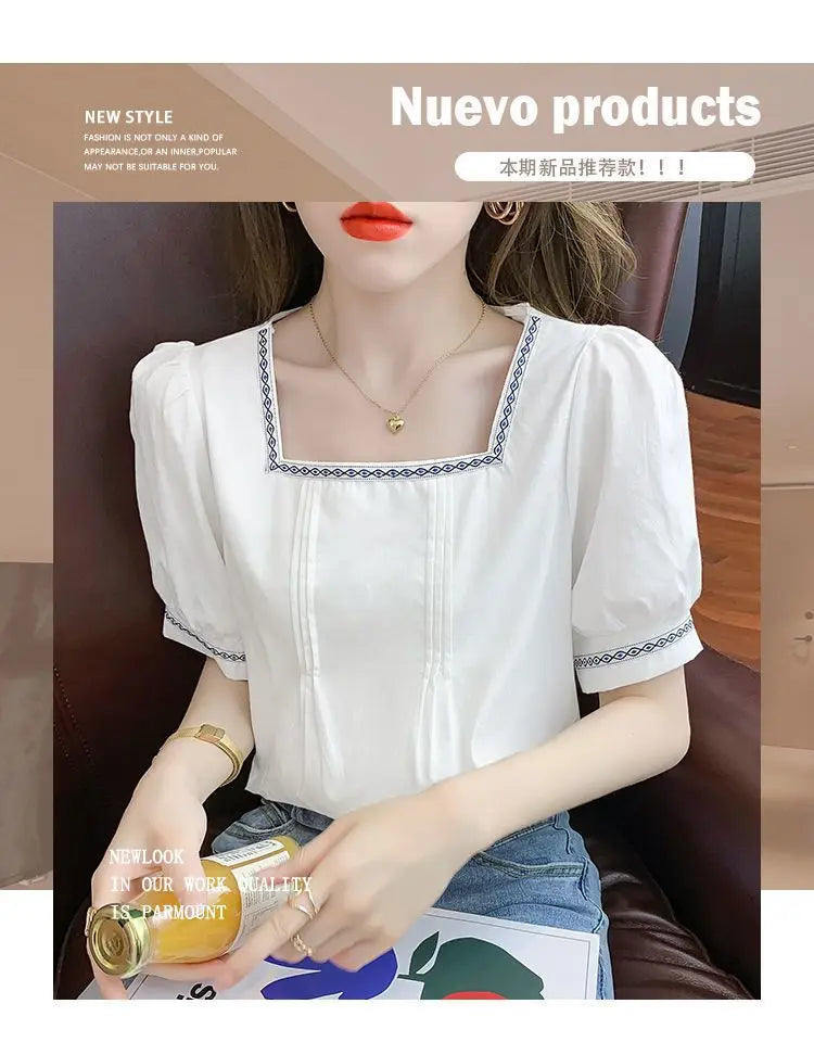 Women Clothing Summer Korean Fashion Embroidered Solid Color Square Collar Puff Sleeve Femme All-match Pleated Short Sleeve Tops