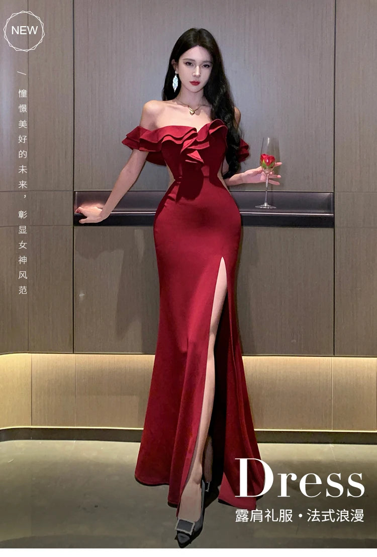 Women Sexy Bodycon Off Shoulder High Split Long Dresses Wedding Evening Party Prom Robe Ruffles Slash Neck Summer New Vestidos