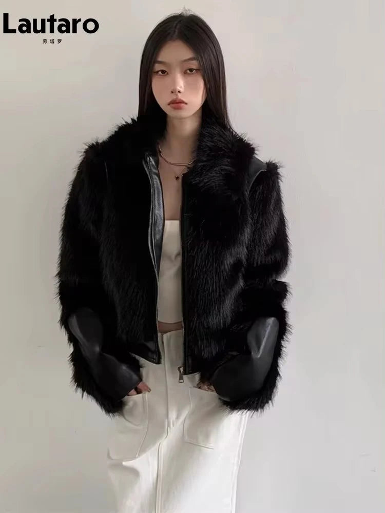 Lautaro Autumn Winter Cool Short Black Soft Thickened Warm Hairy Shaggy Patchwork Faux Fox Fur Coat Women Fluffy Jacket 2023
